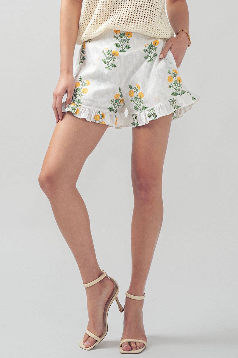 Yellow Floral Print Ruffle Shorts