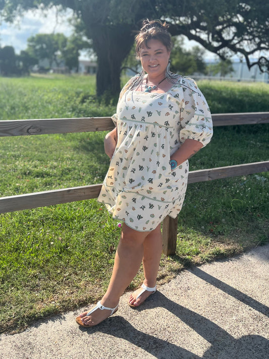 CACTUS PRINT  DRESS: CREAM/GREEN