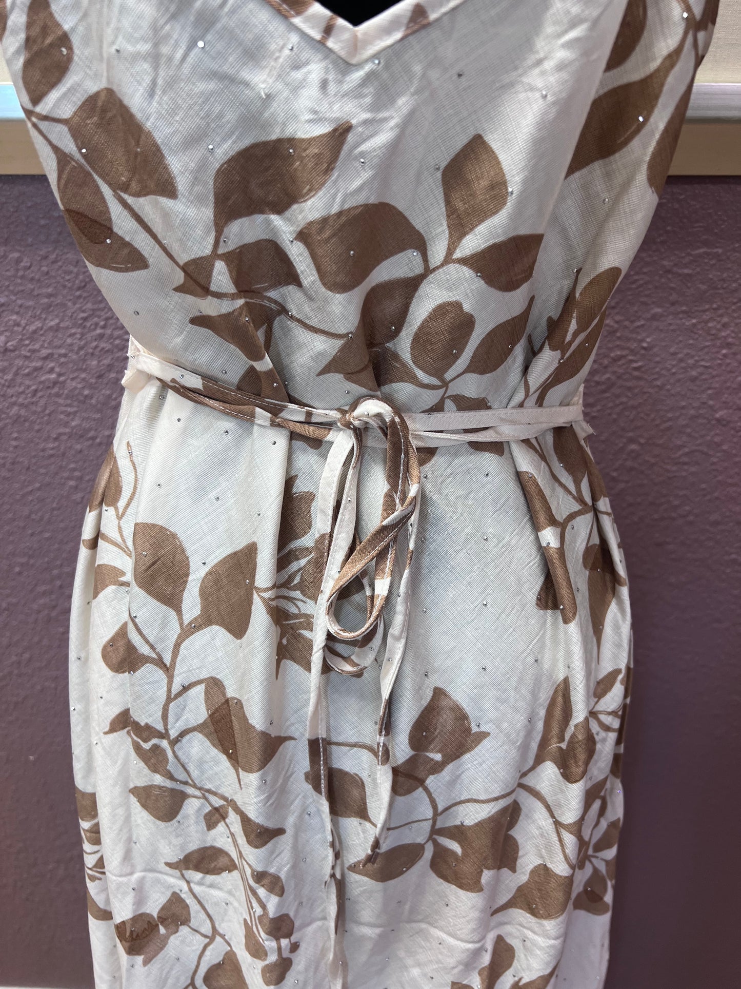 Sparkle Leaf Print Maxi Dress - Brown