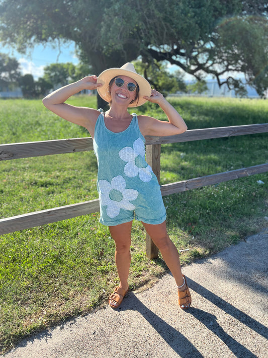 Flower Romper - Dusty Cyan