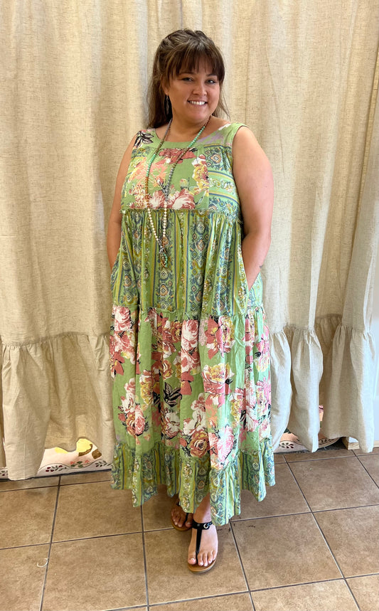 FLORAL BOHO STRIPE DRESS: Sage Plus Size Only