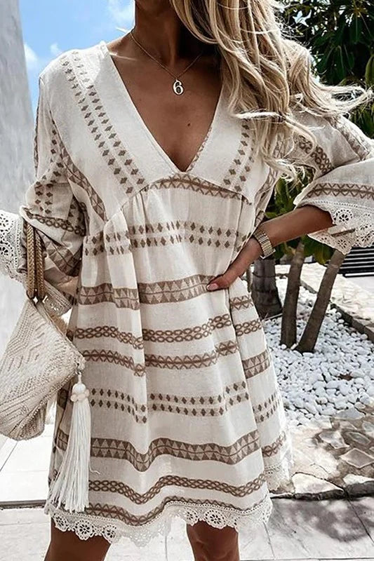 White Boho Print Dress