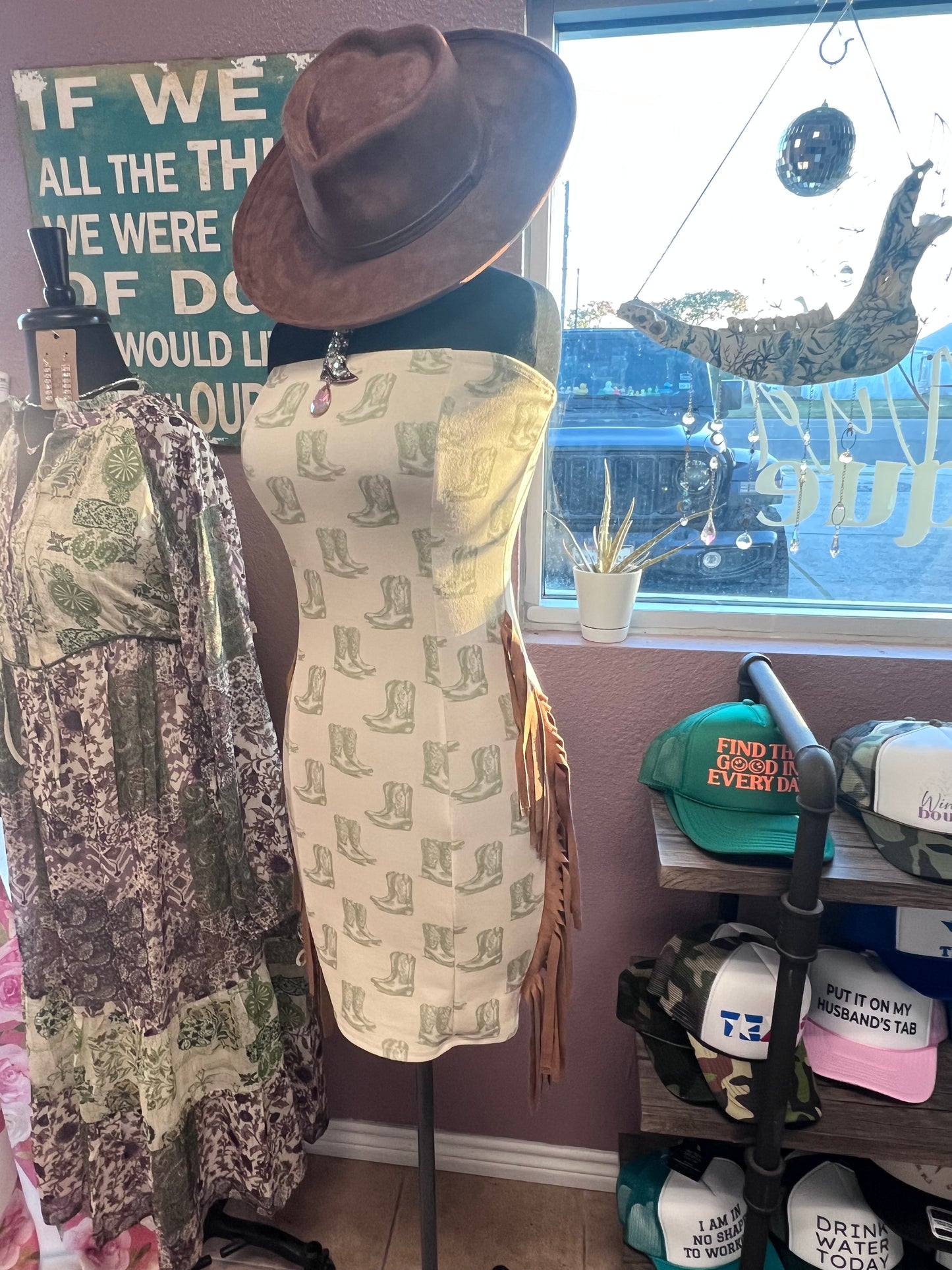 Strapless Boot Print Fringe Mini