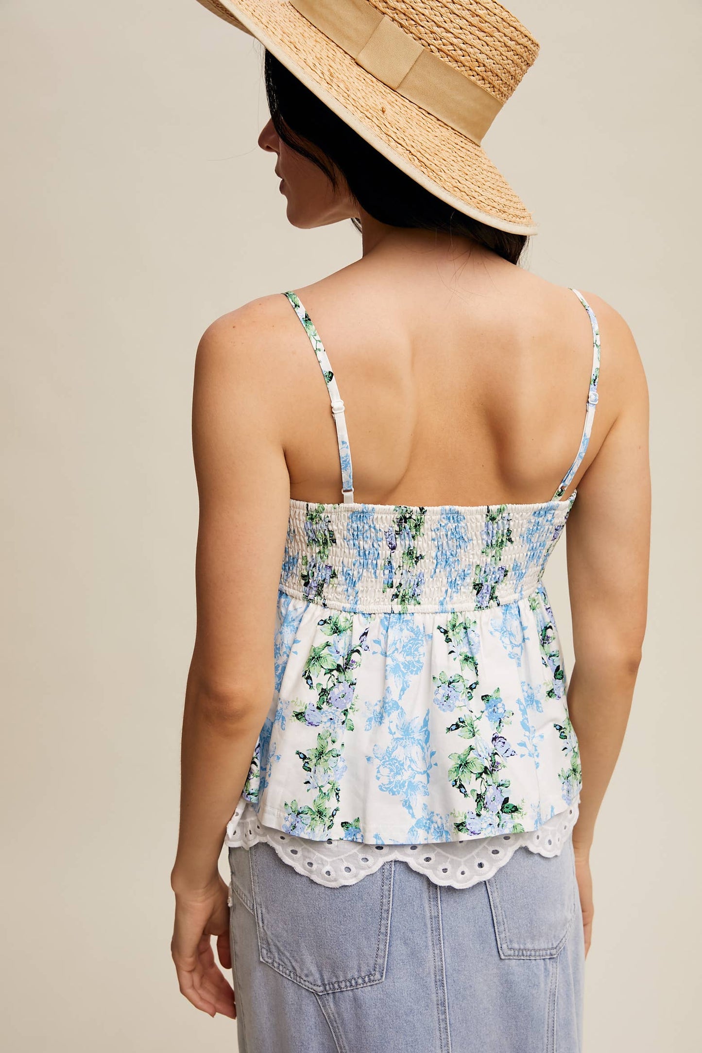Floral Peplum Top with Eyelet Hem: Blue