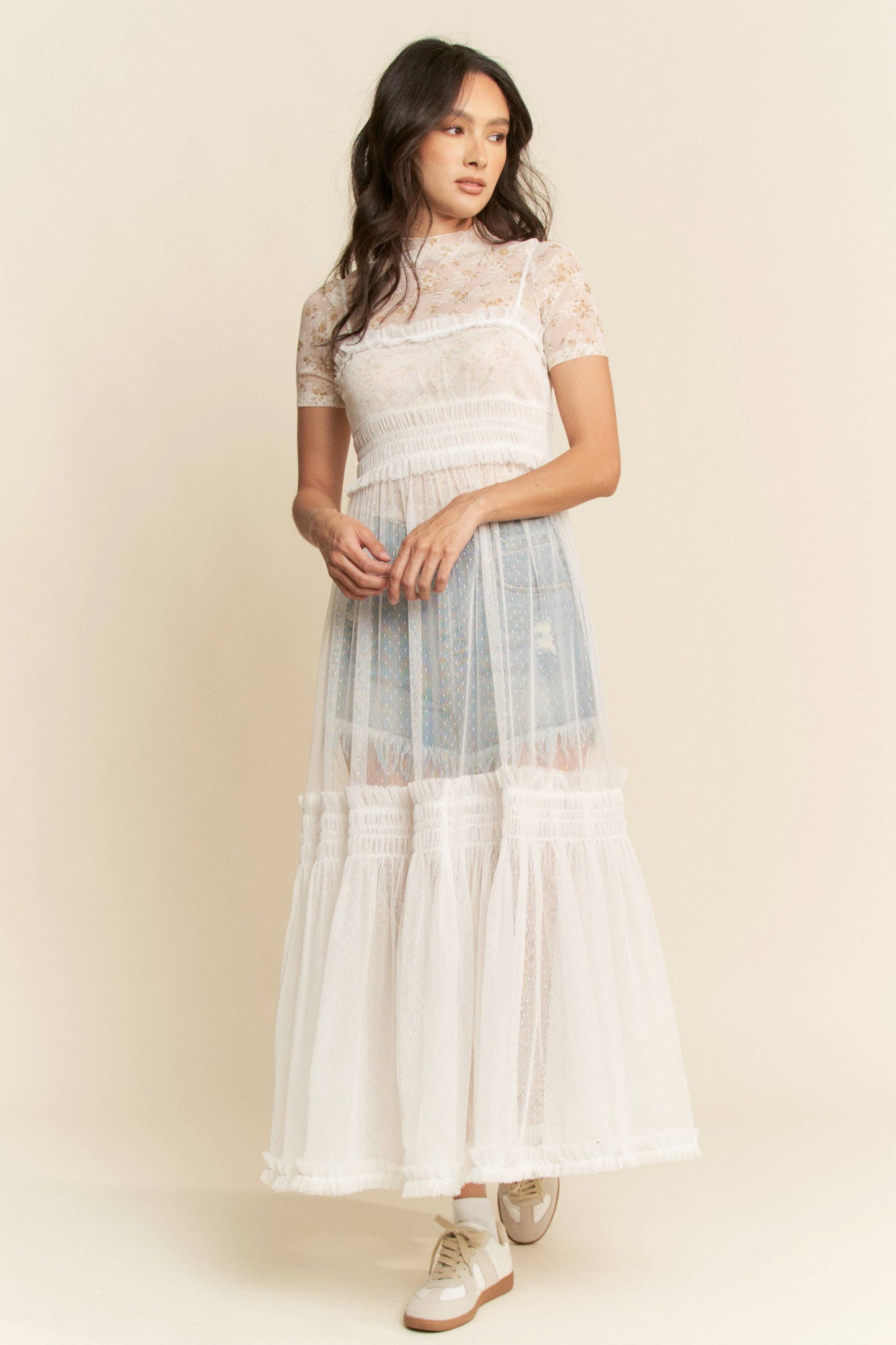 LACE SHEER MAXI DRESS: White