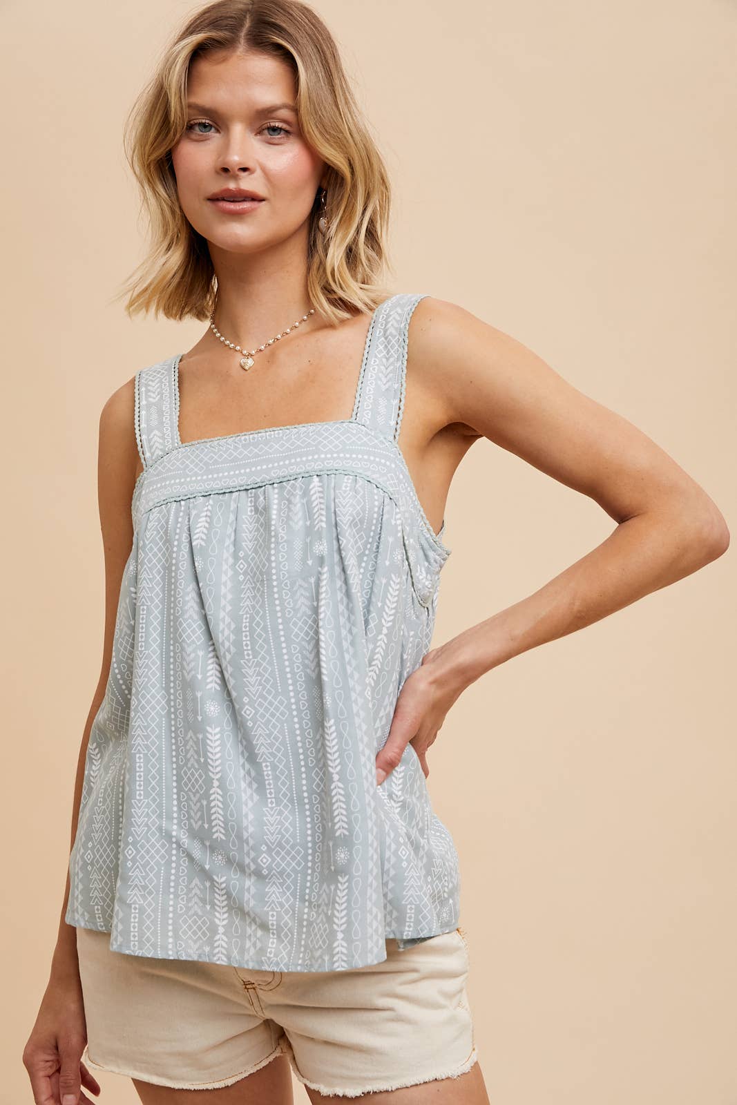 BUTTON BACK SMOCK TANK: ALOE