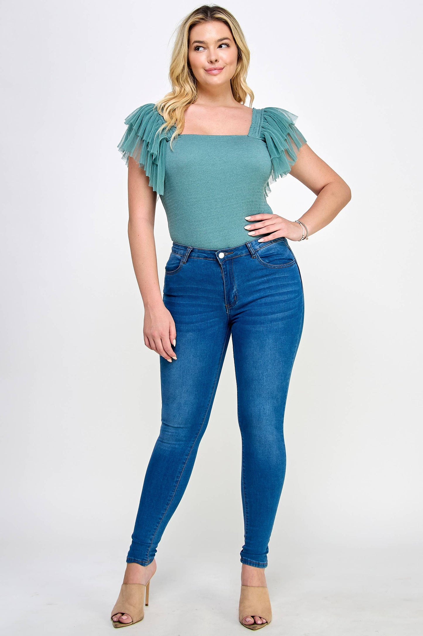 Plus Size Smocked Bodysuit with Tulle Sleeves: Smokey Sage