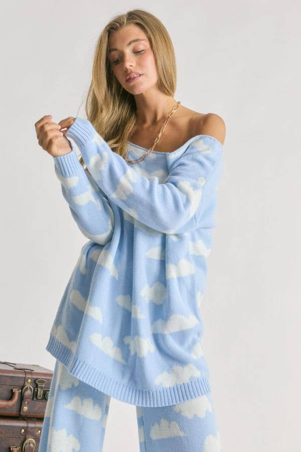 CLOUD PRINT ROUND NECK LOOSE FIT KNIT SWEATER