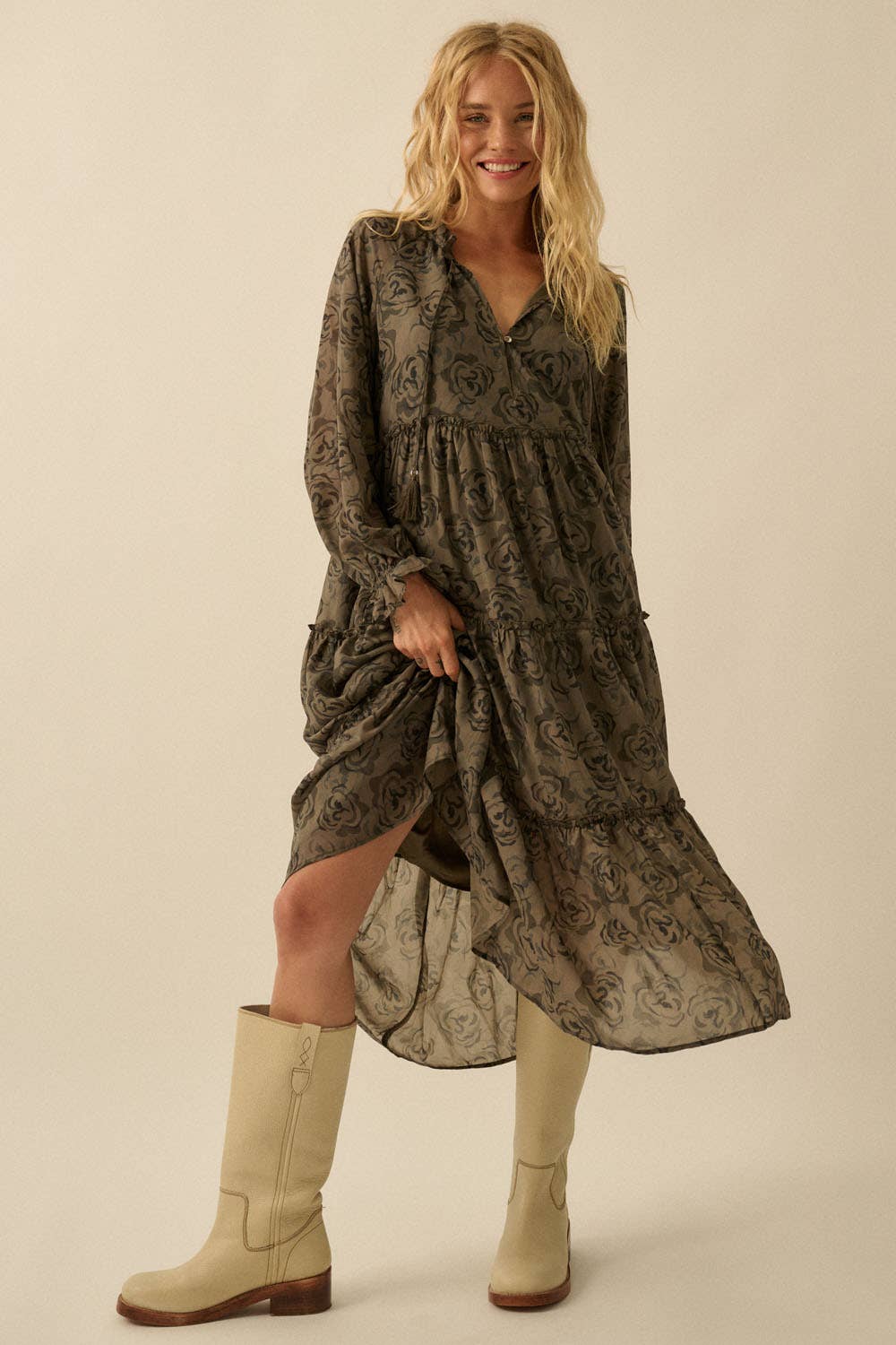 Floral Tiered Ruffle Midi Dress: Olive