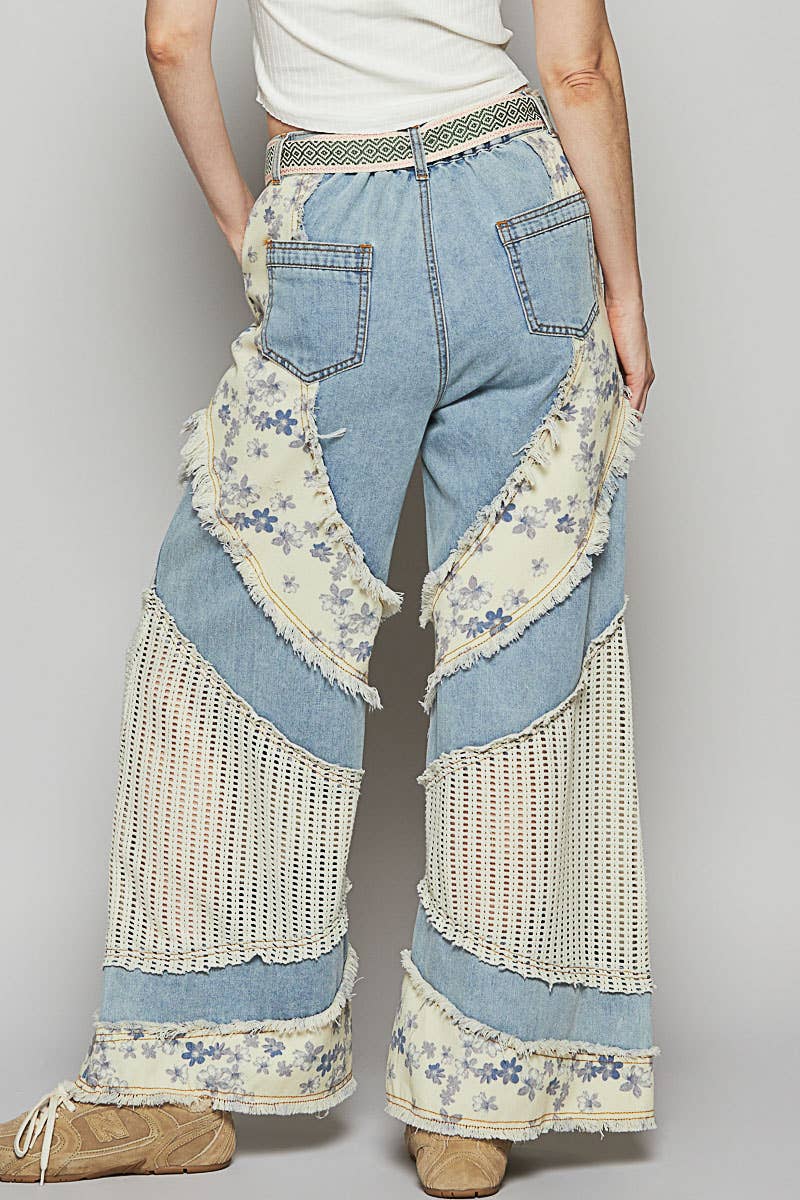 Floral print crochet contrast casual jeans