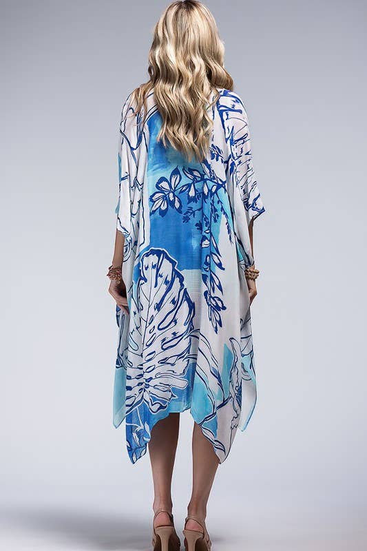 Blue Monstera Print Kimono