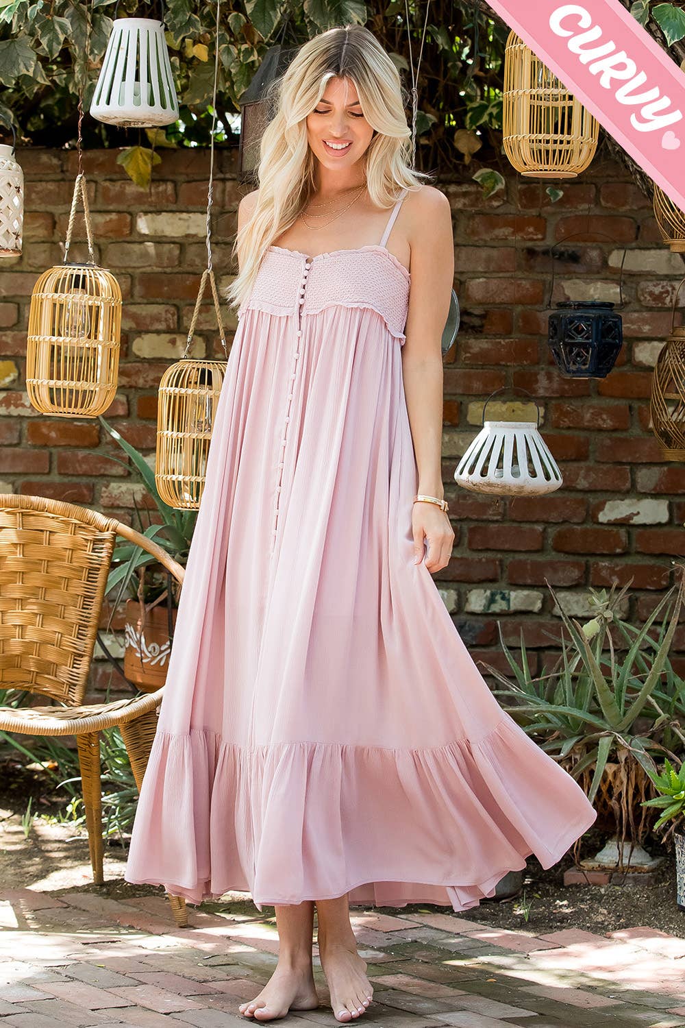 SILK SMOCKED BUTTON-DOWN MAXI DRESS: MAUVE / Plus Size Only