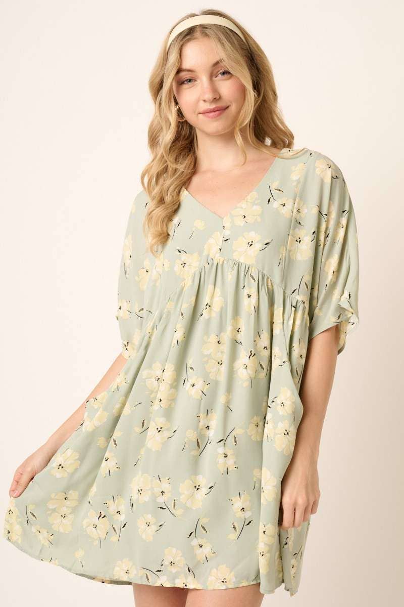 FLOWER PRINT MINI DRESS: SAGE