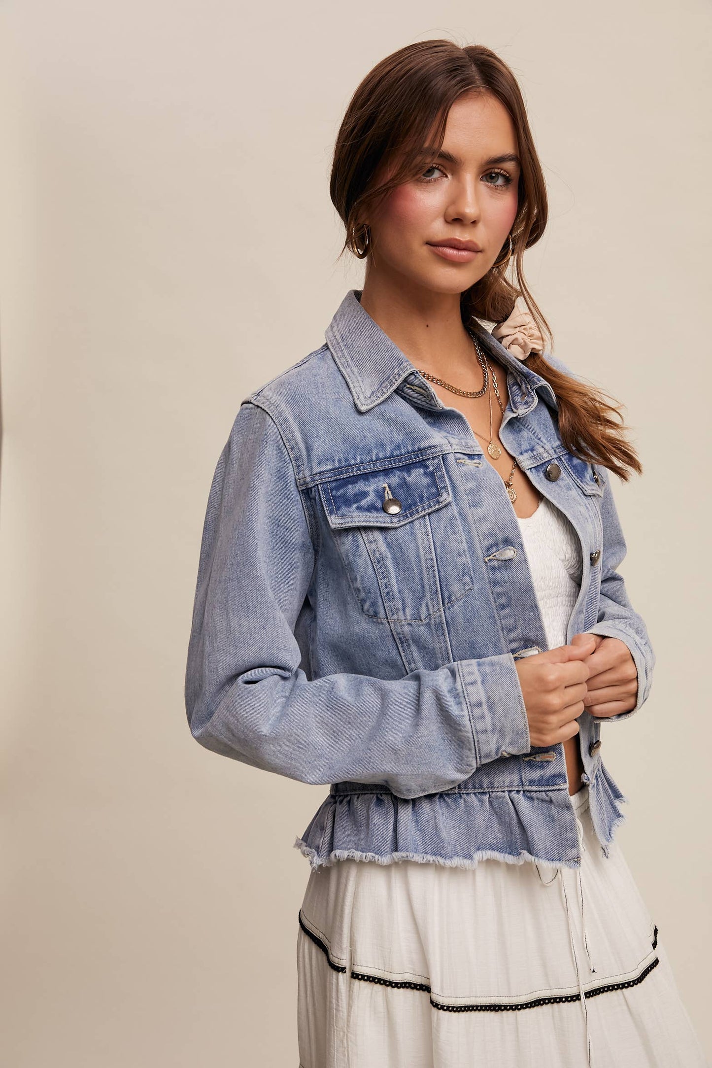 Ruffled Hem Denim Jacket