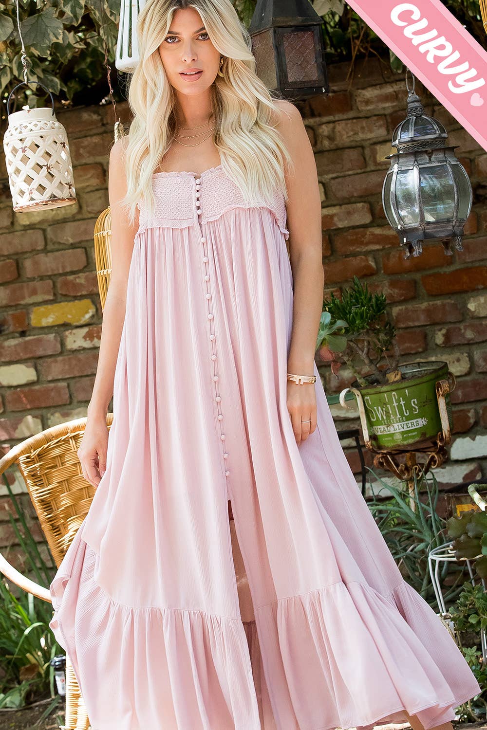 SILK SMOCKED BUTTON-DOWN MAXI DRESS: MAUVE / Plus Size Only