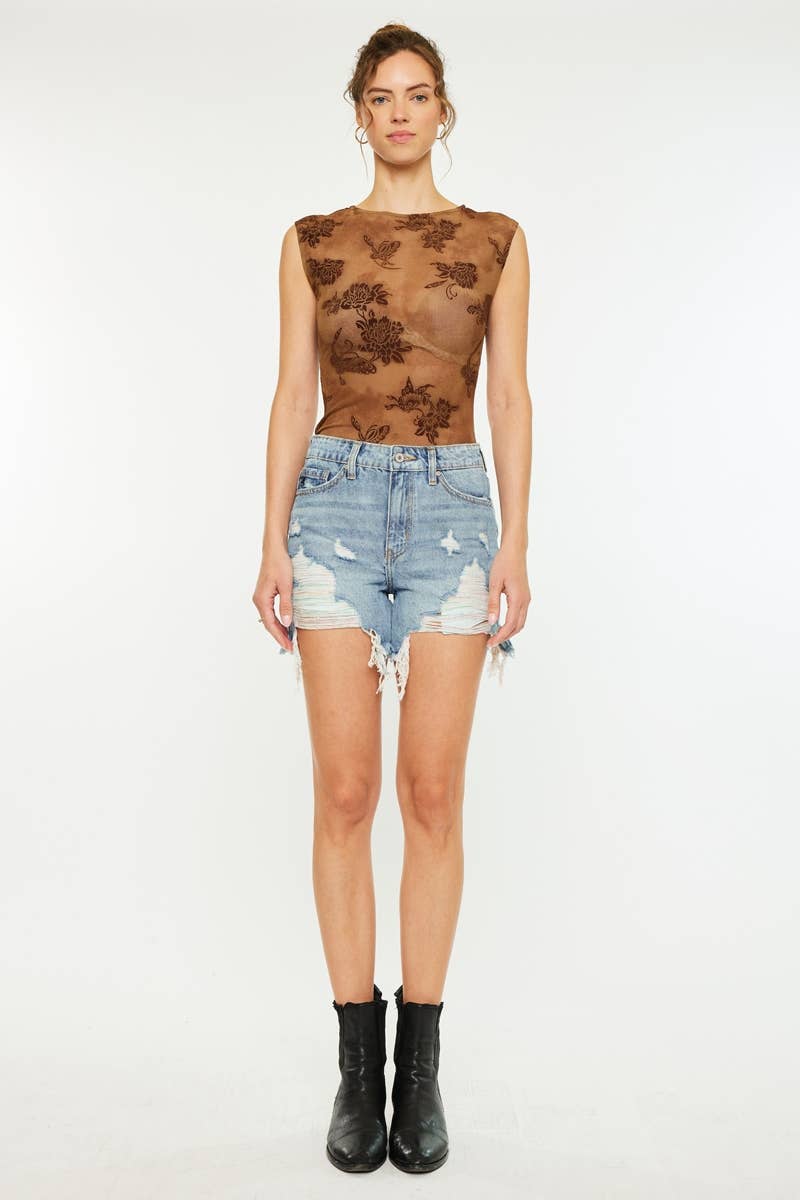 HIGH RISE RAINBOW THREADS DENIM SHORTS