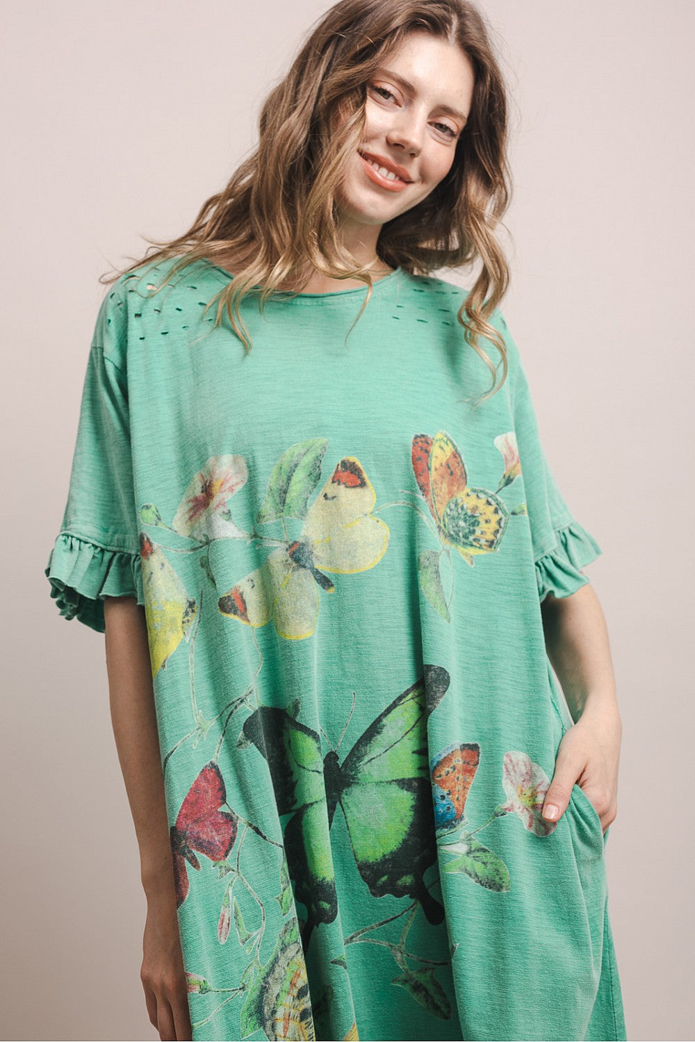 BUTTERFLY PRINT RUFFLE SHORT SLEEVE DRESS