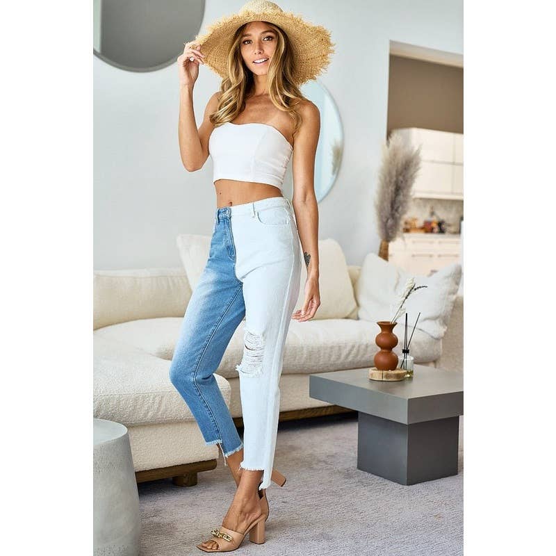 Distressed Two Tone Block Jean