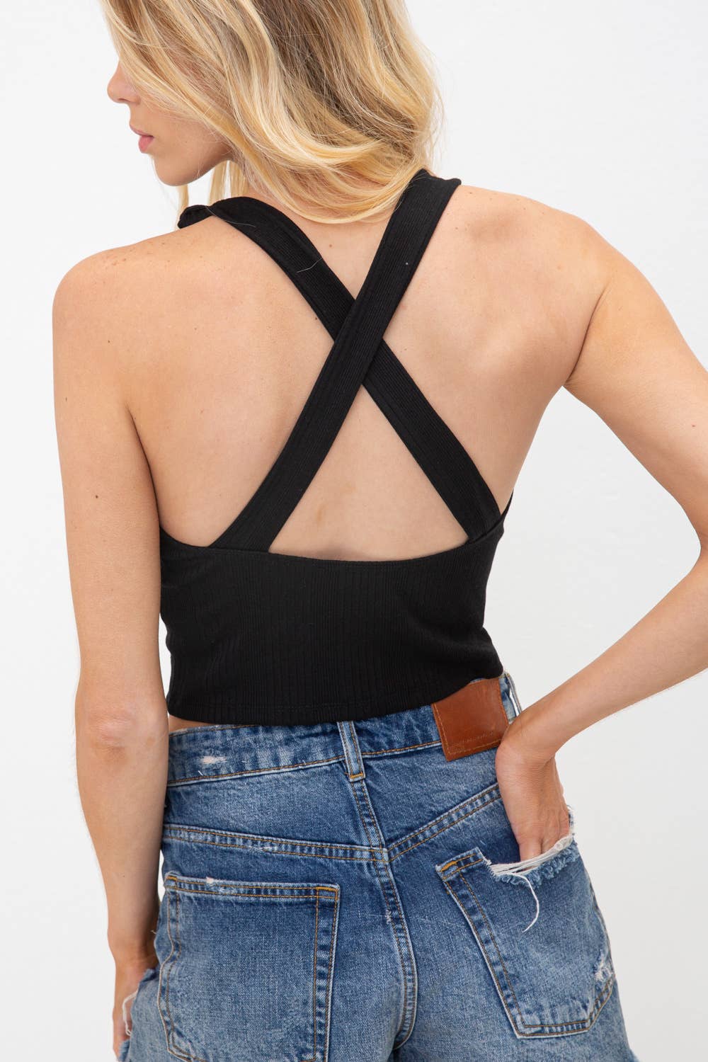 Deep Neck Knot Detail Tank: Black