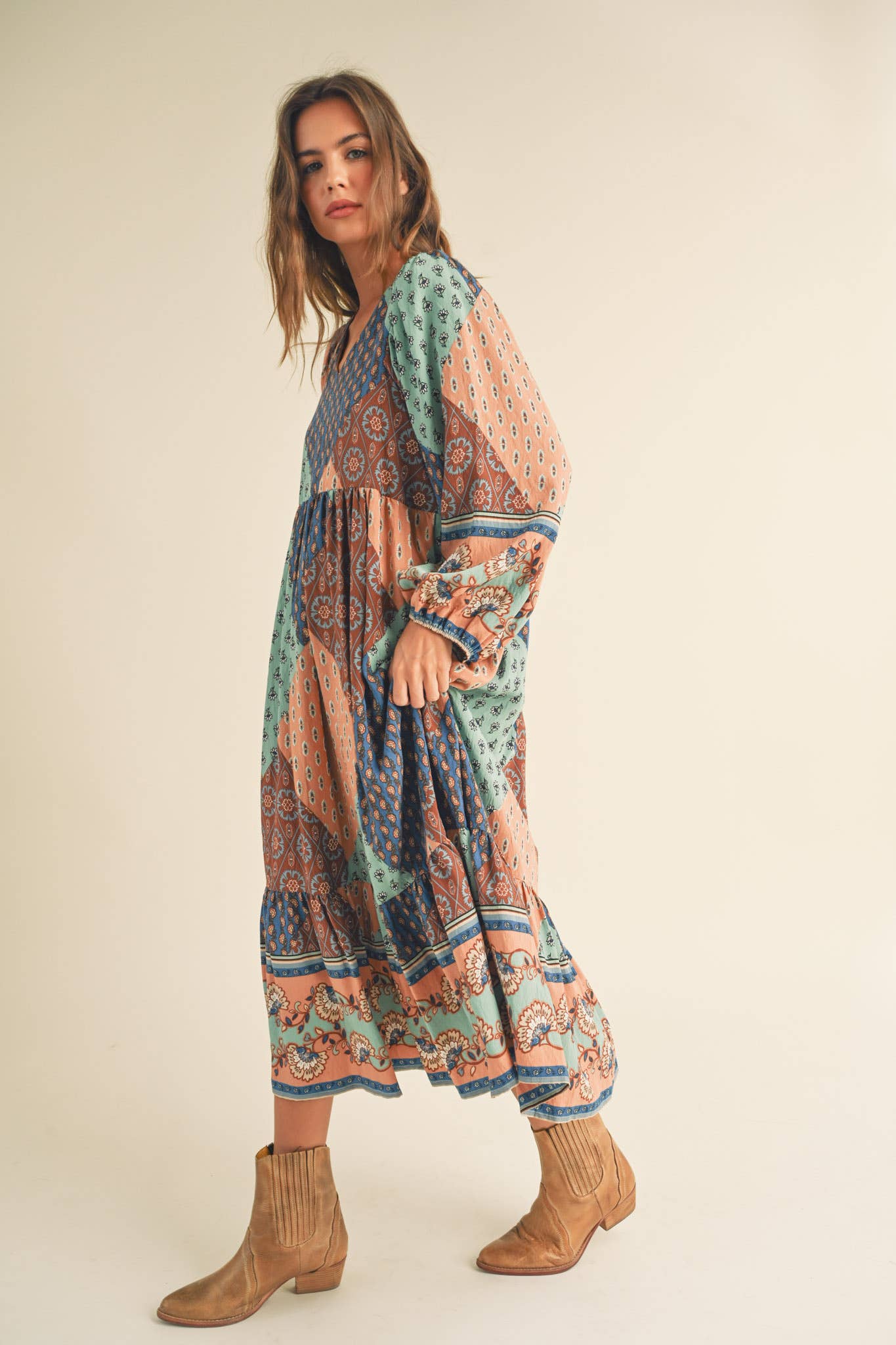 EXCLUSIVE PRINT MIDI DRESS: MAUVE MULT.