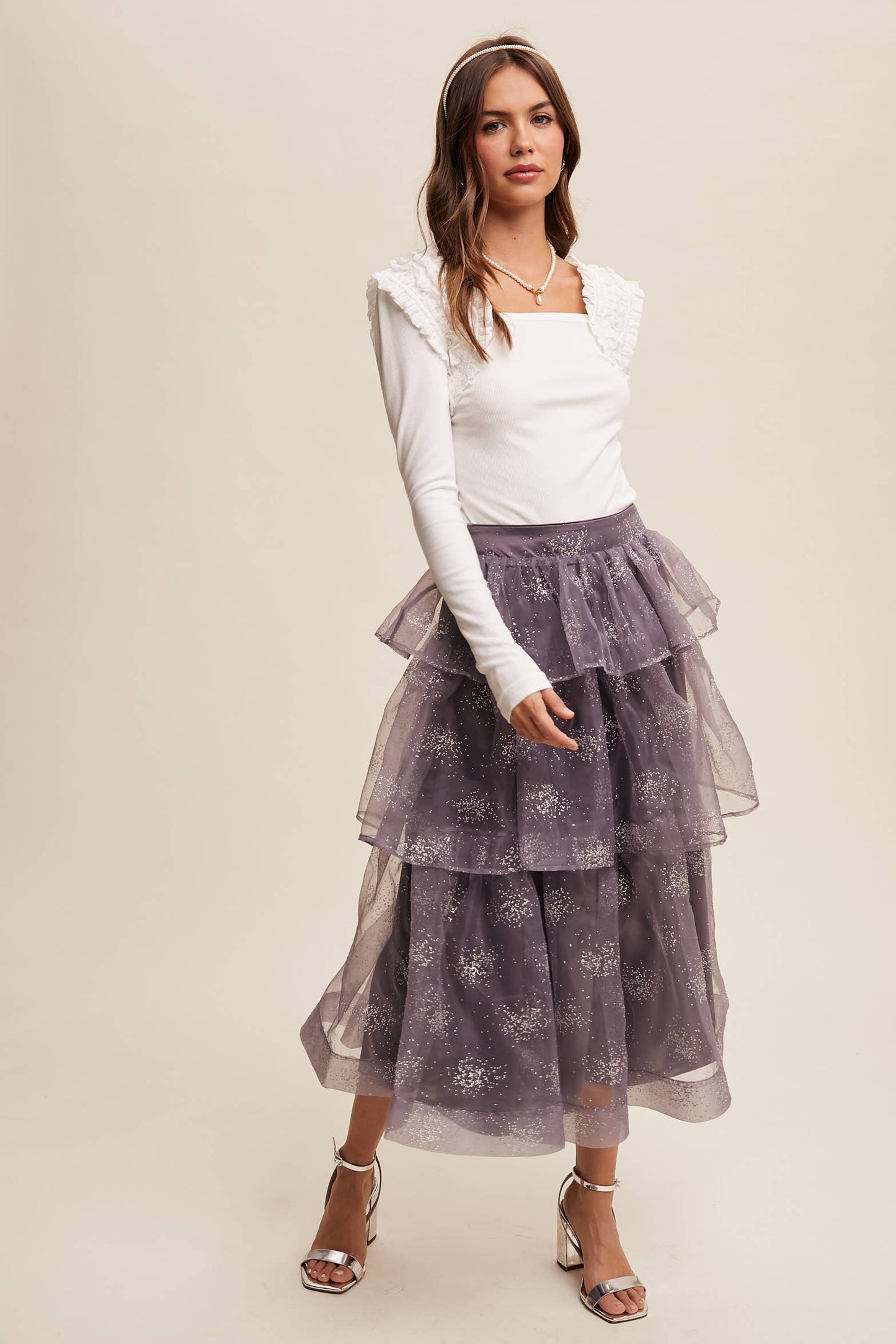 Square Neck Ruffle Accent Top: White