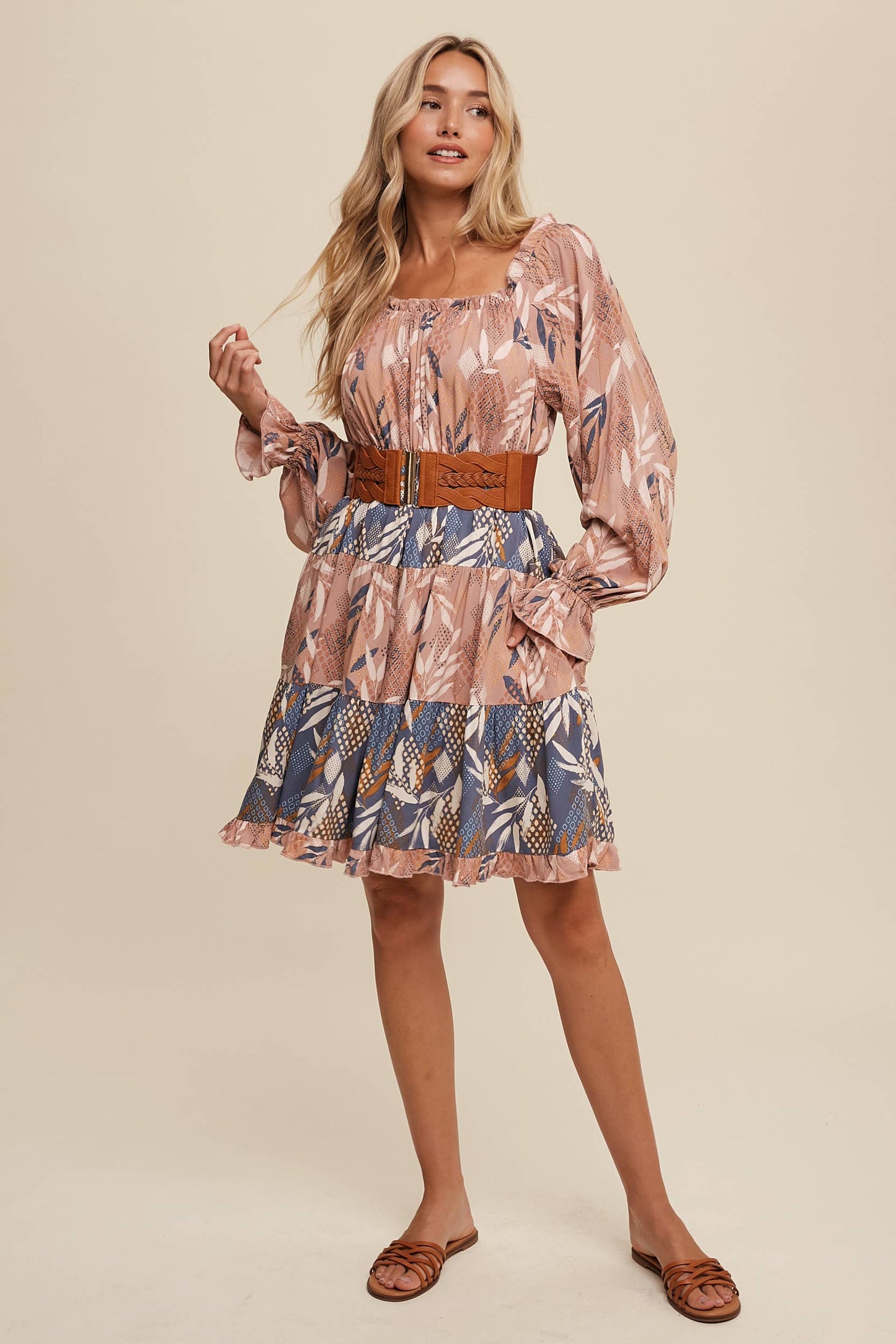 Patchwork Puff-Sleeve Tiered Mini Dress