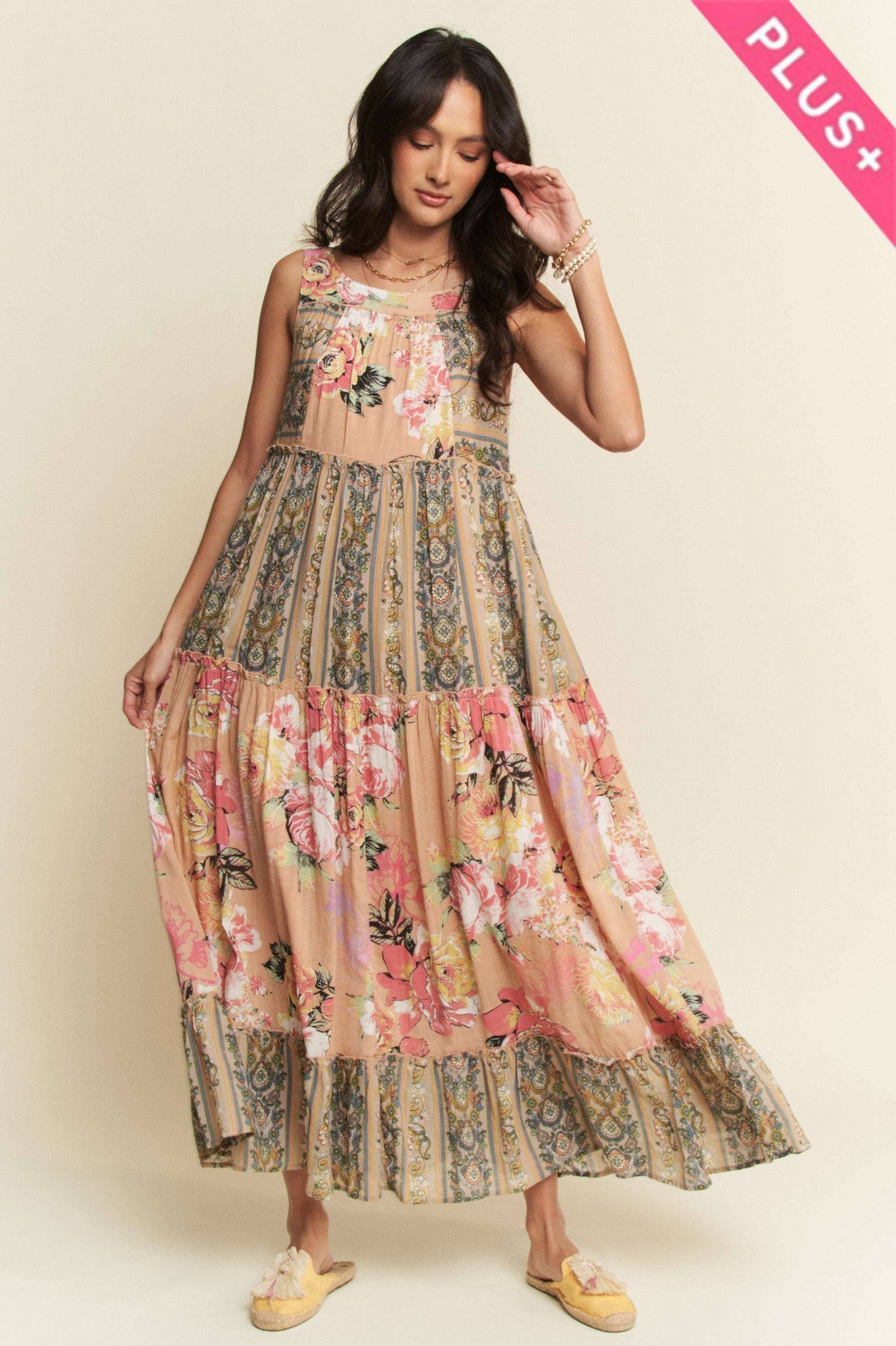 FLORAL BOHO STRIPE DRESS: PINK BEIGE - PLUS ONLY