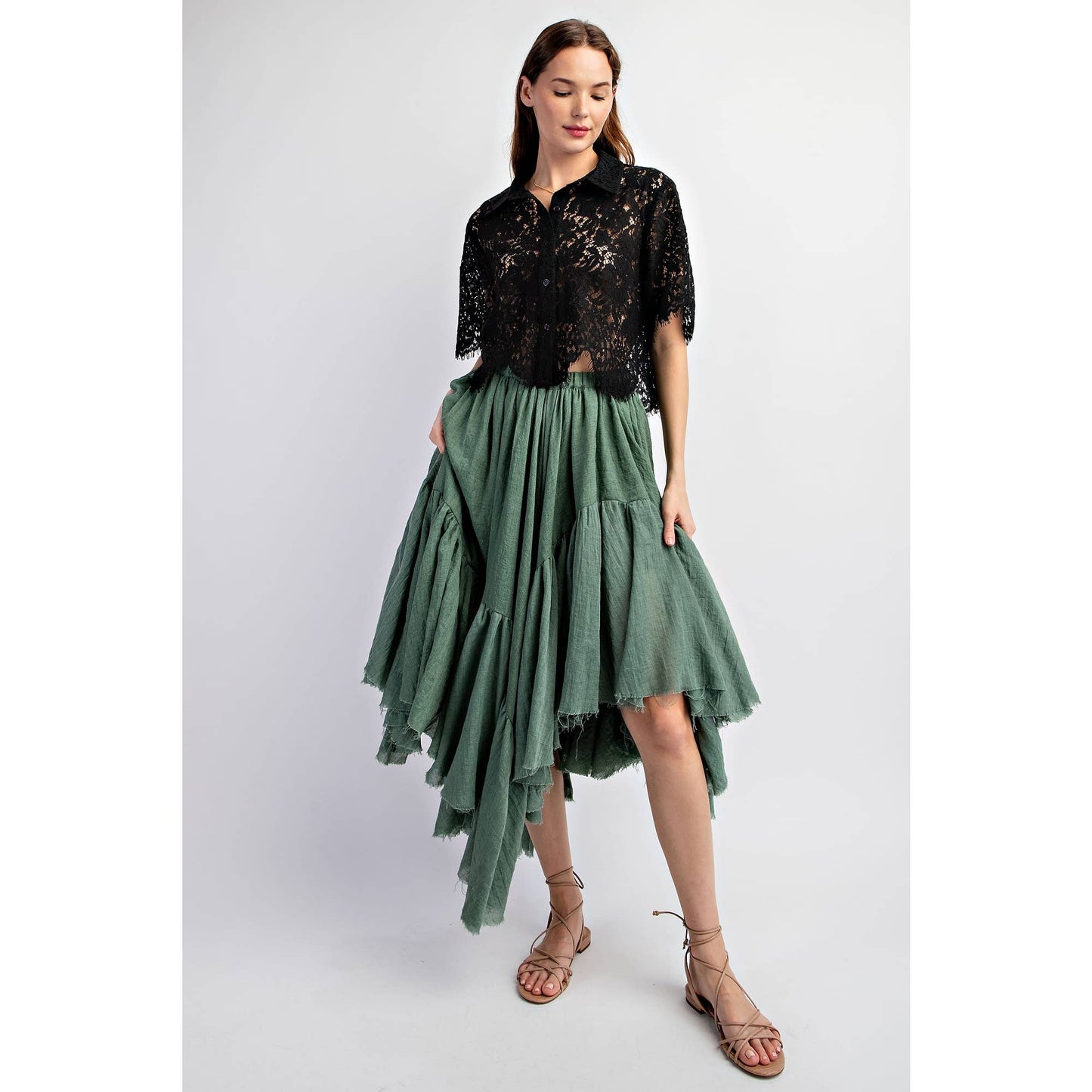 ASYMMETRICAL RAW-EDGE RUCHED UNEVEN HEMLINE SKIRT: Olive