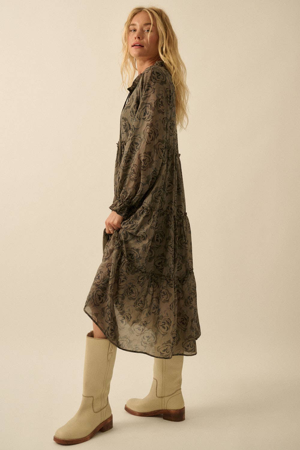 Floral Tiered Ruffle Midi Dress: Olive