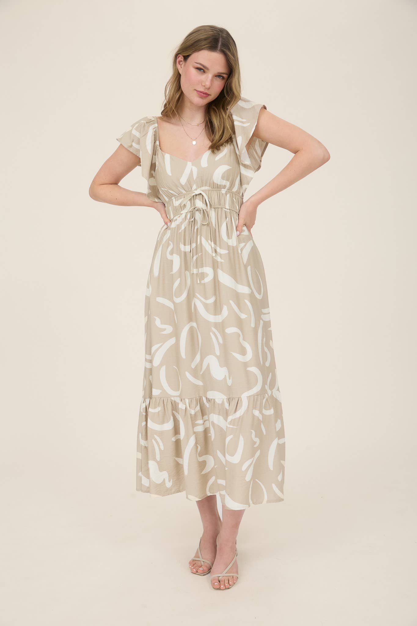 FLUTTER SLEEVE MIDI DRESS: KHAKI