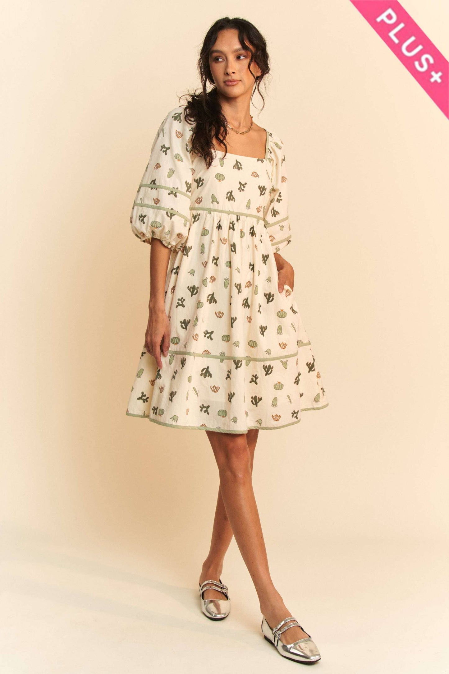 CACTUS PRINT DRESS: CREAM/GREEN