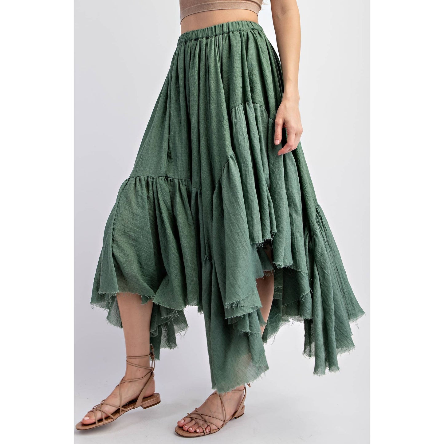 ASYMMETRICAL RAW-EDGE RUCHED UNEVEN HEMLINE SKIRT: Olive
