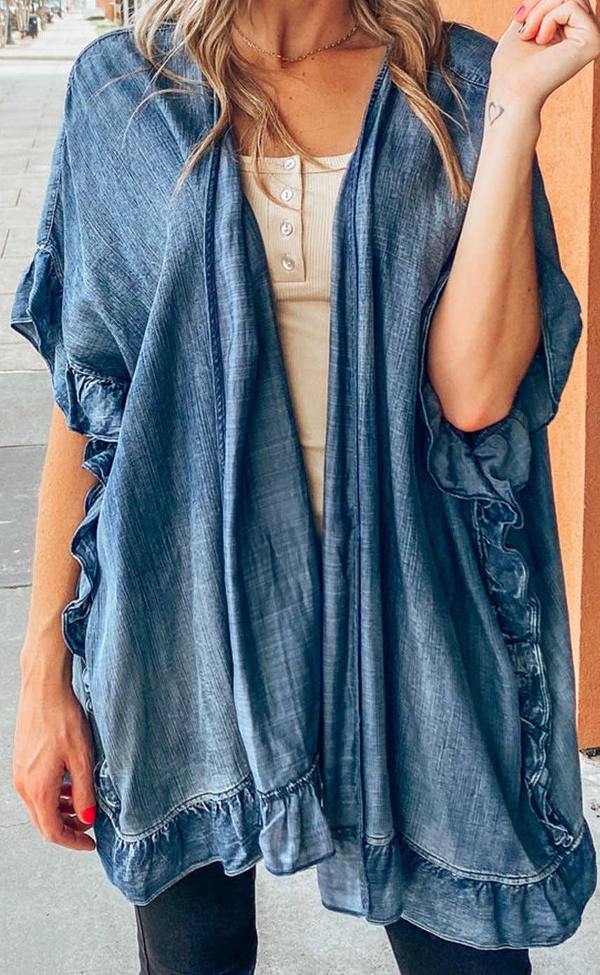 Chambray Ruffle Hem Loose Kimono