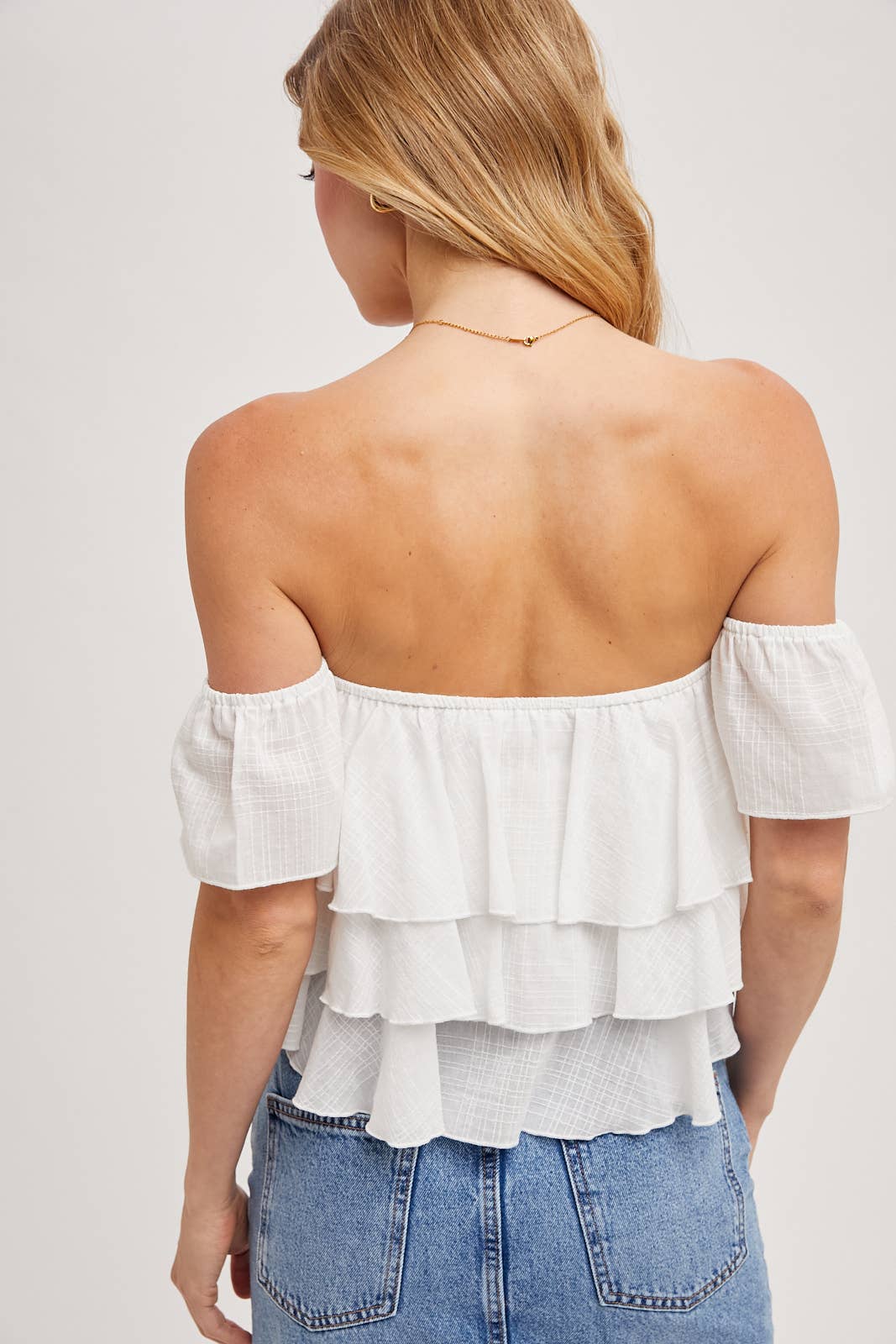 OFF-THE-SHOULDER TIERED CROP TOP