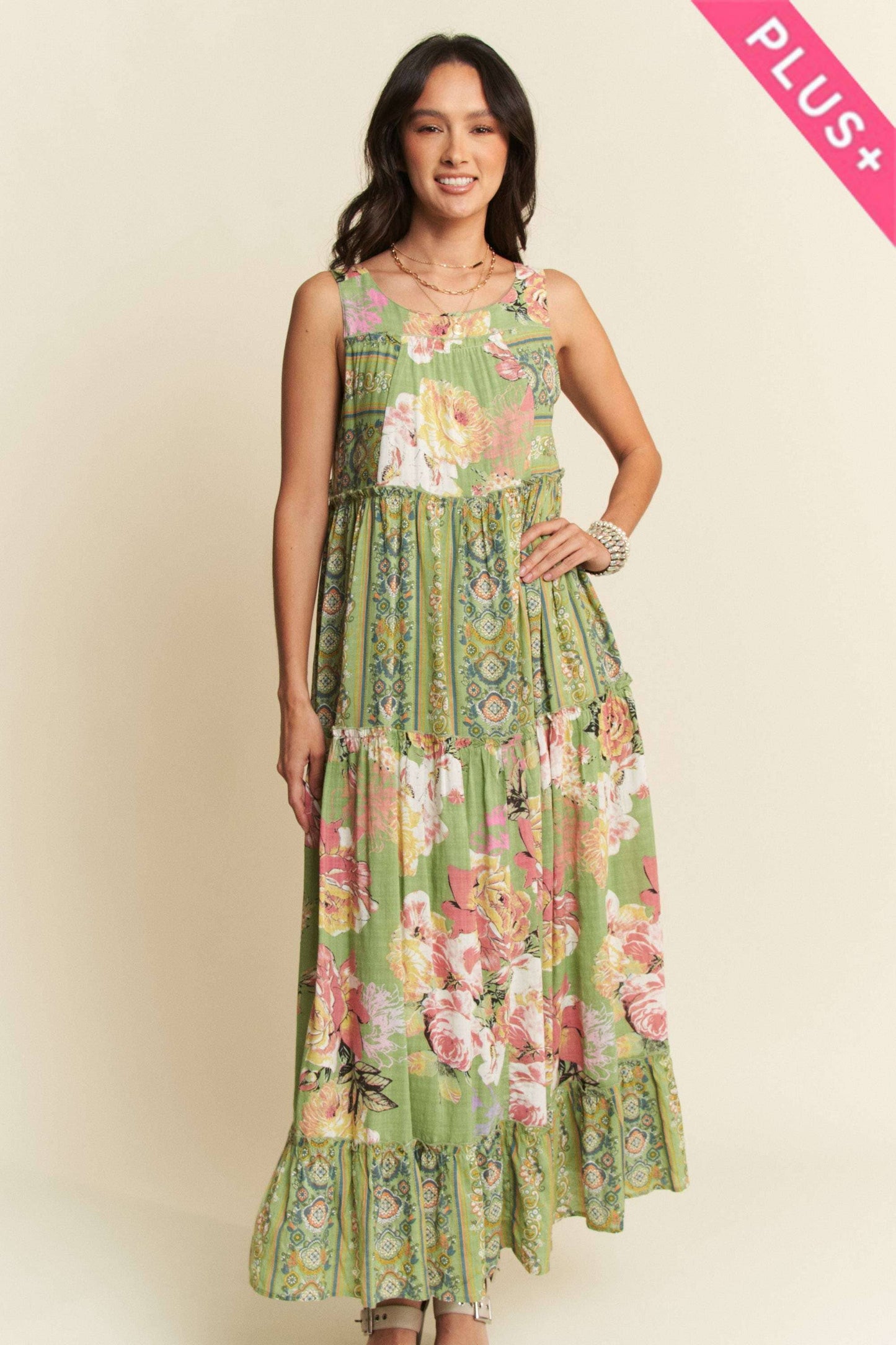 FLORAL BOHO STRIPE DRESS: Sage Plus Size Only