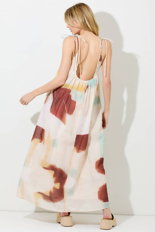 PRINTED SHOULDER TIE MAXI DRESS: RED MULTI
