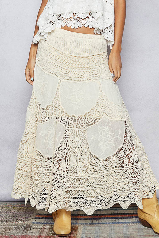Crochet patterns embroidered maxi skirt: NATURAL / OS