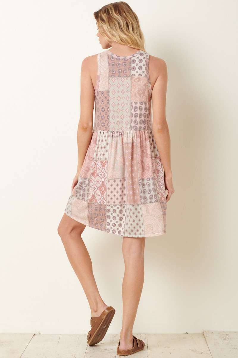 PATCH PRINT BABYDOLL MINI DRESS