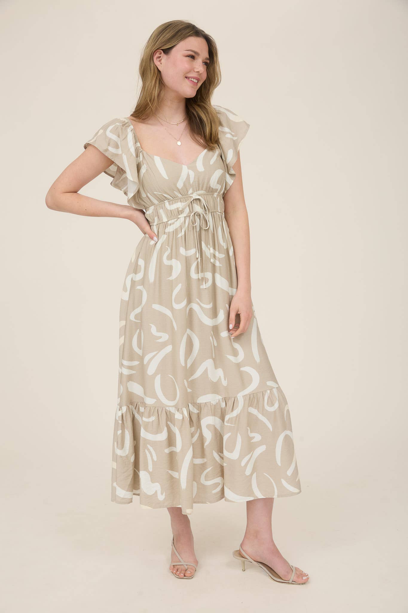 FLUTTER SLEEVE MIDI DRESS: KHAKI