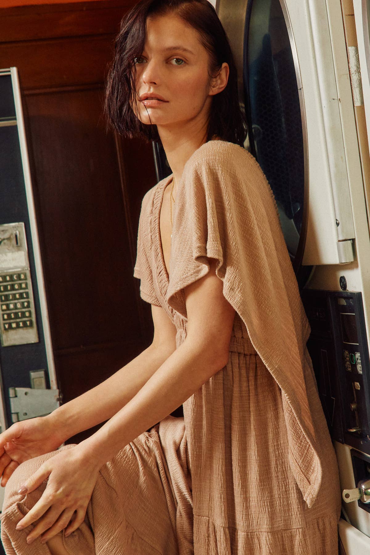Deep V-Neck Textured Maxi Dress