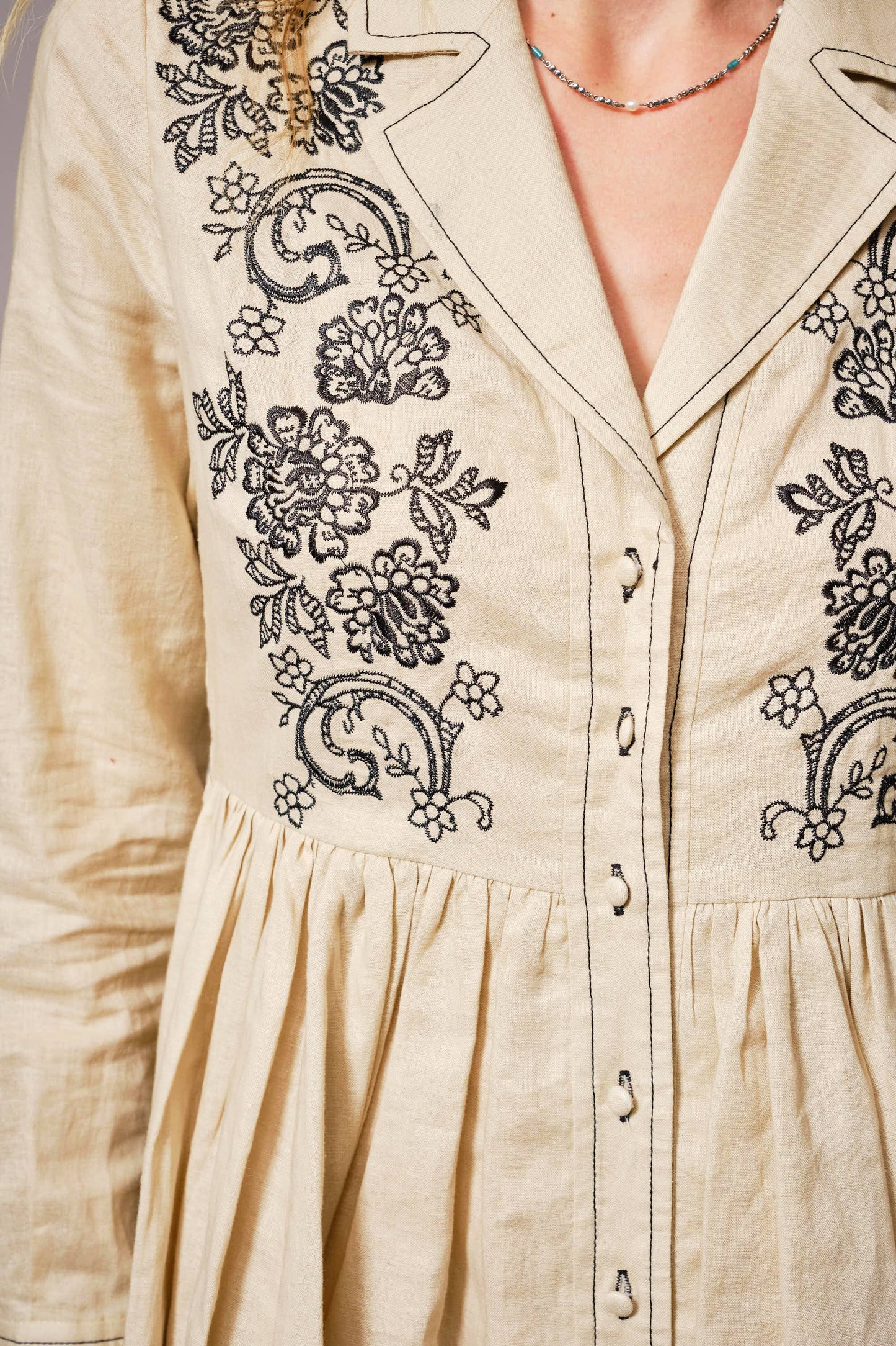 Linen Blend Embroidered Button Flare Dress: Taupe