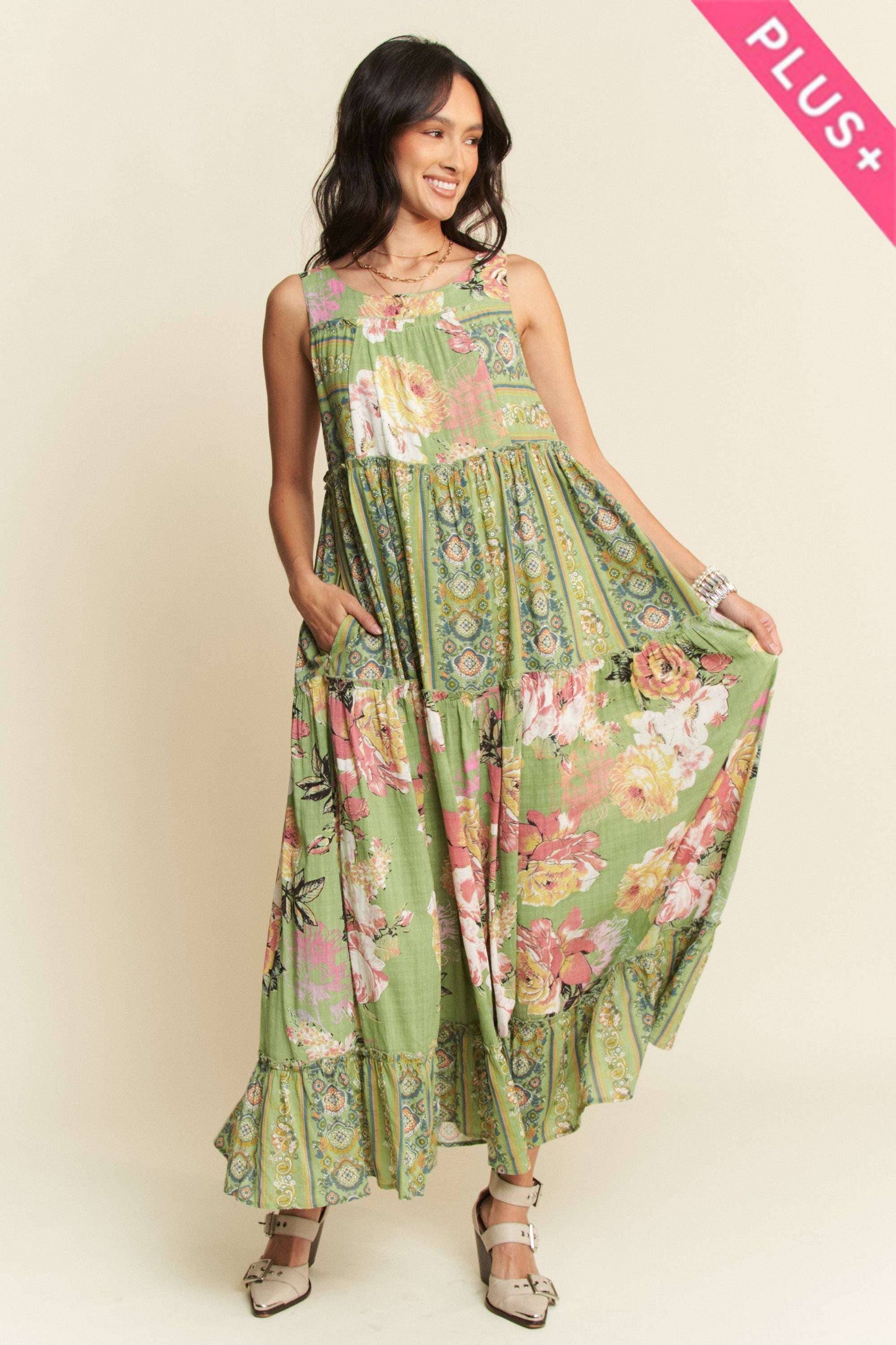 FLORAL BOHO STRIPE DRESS: Sage Plus Size Only