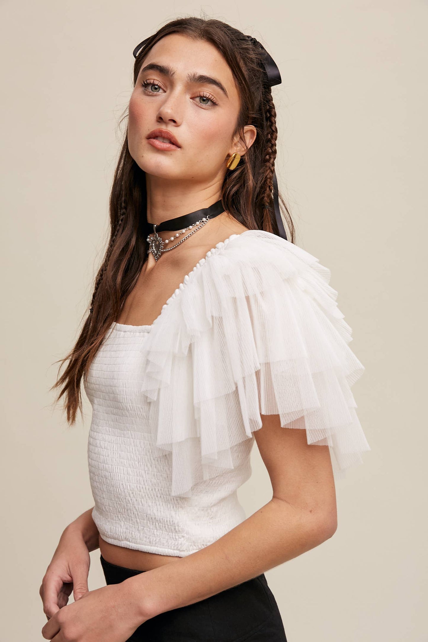 Tulle Ruffle Sleeve Smocked Top