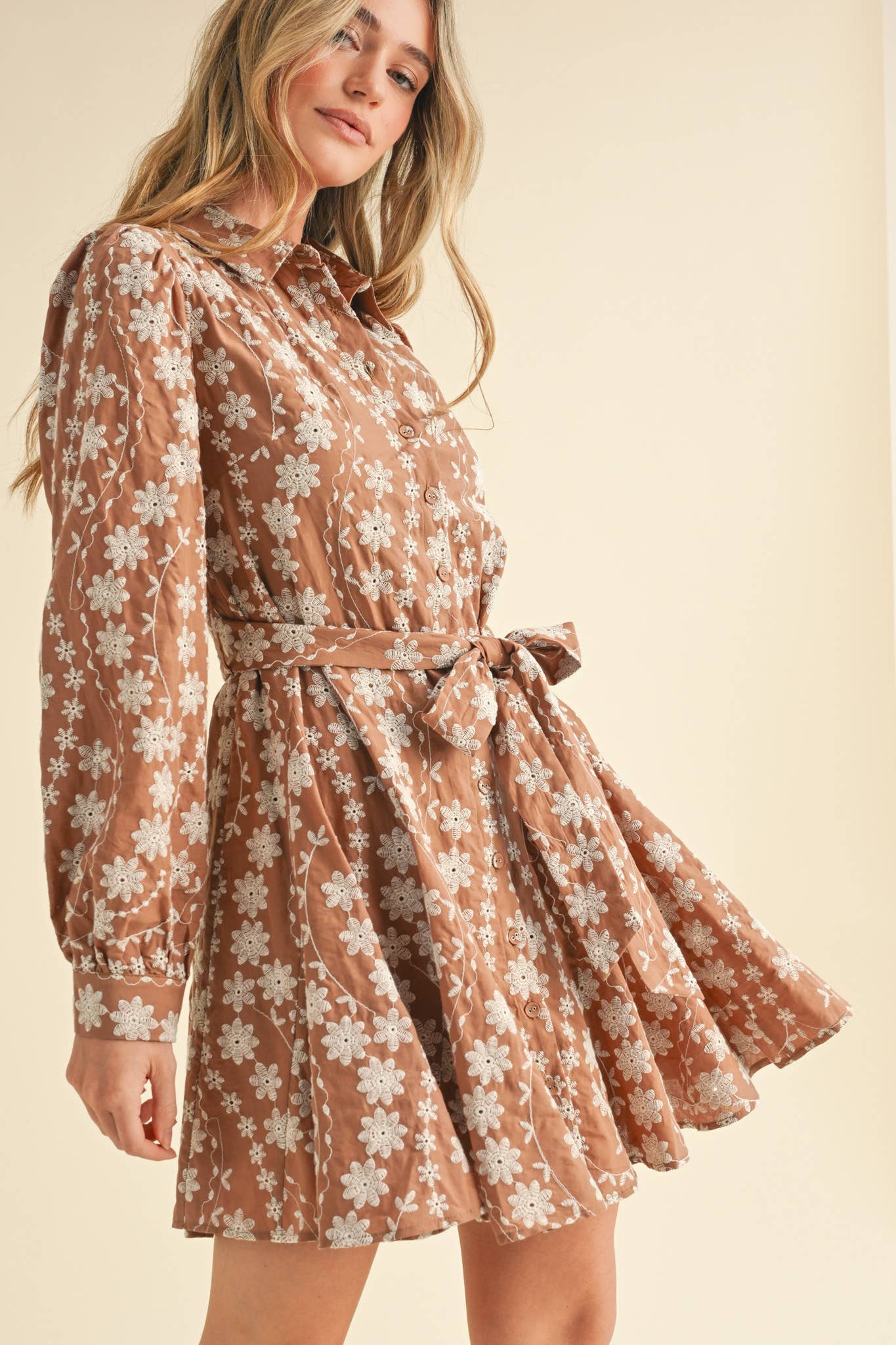 FLORAL EMBROIDERY BUTTON DOWN FLARED MINI DRESS