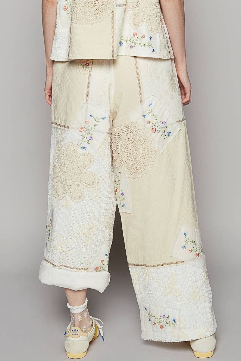 Solid lace patch detail woven pants