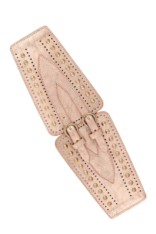 Spike Studded Metallic Stretch Belt: ROSE GOLD