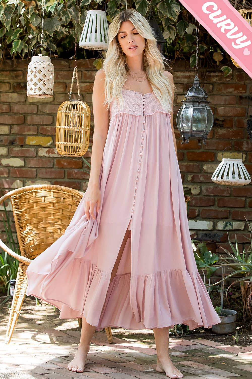 SILK SMOCKED BUTTON-DOWN MAXI DRESS: MAUVE / Plus Size Only