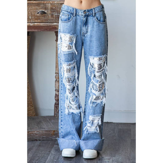 DISTRESSED SEQUIN DENIM