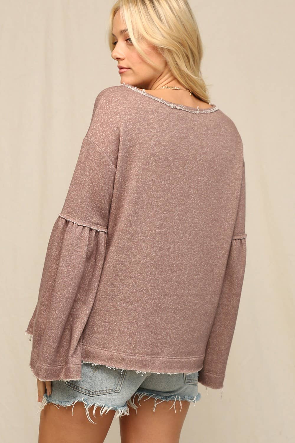French Terry Oversized Bell Sleeve Tunic Top: Mocha