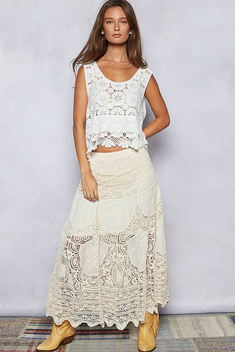 Crochet patterns embroidered maxi skirt: NATURAL / OS